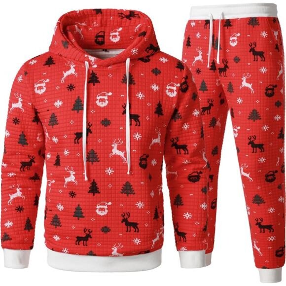 Men's Red Waffle Hoodies Sweatsuits 2PC Tracksuit Christmas Casual Jogging Set - Picture 1 of 6